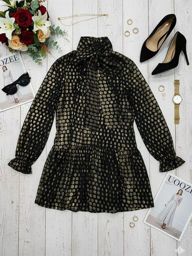 Long Sleeves Puff Sleeves Pleated Polka Dot Shiny Split-Joint High Neck Mini Dresses