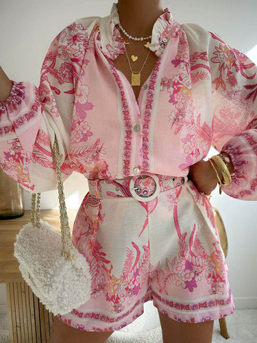 1754870 High Waisted Long Sleeves Belted Buttoned Contrast Color Elasticity Flower Print Ruffled Split-Joint Stand Collar Blouses&Shirts Tops + Shorts Bottoms Two Pieces Set