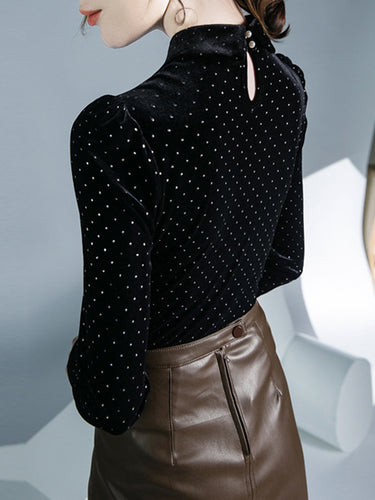 1726698 Long Sleeves Skinny Buttoned Polka Dot Split-Joint Lapel T-Shirts Tops
