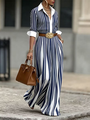 1781524 A-Line Loose Buttoned Contrast Color No Belt Striped Lapel Maxi Dresses