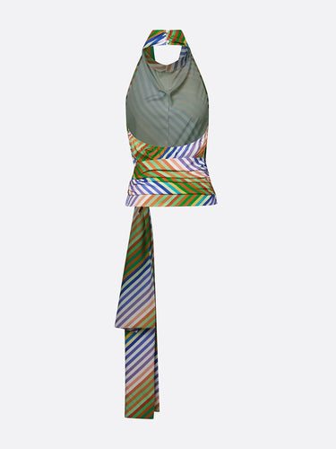 1769466 Loose Sleeveless Backless Contrast Color Striped Tied Halter-Neck Vest Top