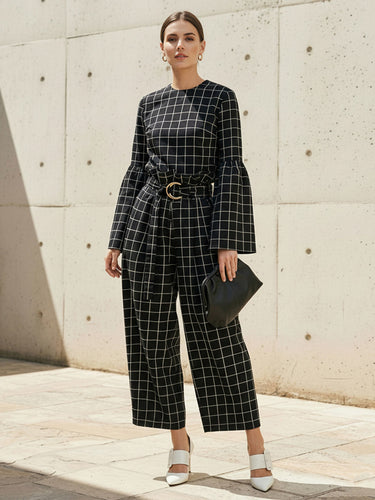 1741943 Flared Sleeves Long Sleeves Contrast Color Plaid Split-Joint Round-Neck Blouses&Shirts Tops