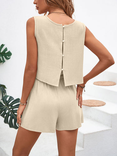 1784278 Loose Sleeveless Buttoned Drawstring Elasticity Pockets Solid Color Round-Neck Shorts Bottoms + Tank Top Two Pieces Set