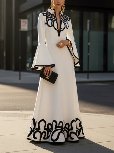 A-Line Flared Sleeves Abstract Printed Contrast Color Hollow Line Split-Joint Stand Collar Maxi Dresses