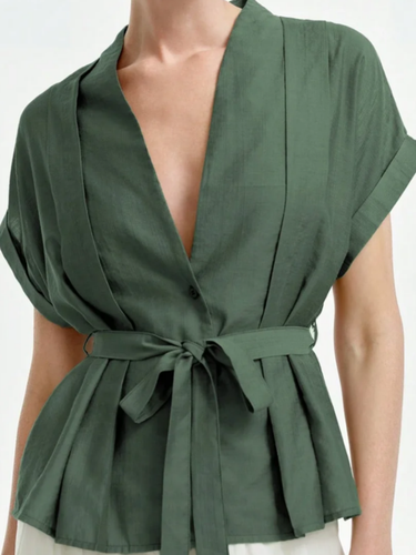 1786140 Loose Short Sleeves Buttoned Solid Color Tied Waist V-Neck Blouses&Shirts Tops
