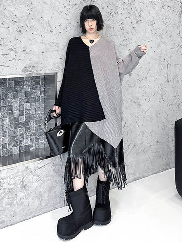 1720140 Batwing Sleeves Irregularity Asymmetric Contrast Color Split-Joint Textured V-Neck Sweater Tops