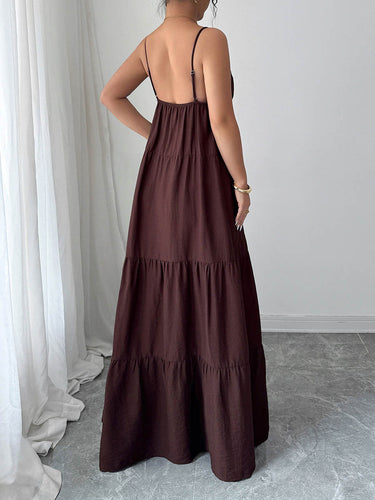 1766183 A-Line Sleeveless Backless Drawstring Pleated Solid Color Spaghetti-Neck Maxi Dresses