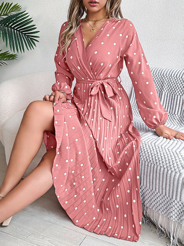 1756162 High Waisted Long Sleeves Pleated Polka Dot Tied Waist V-Neck Maxi Dresses Shirt Dress