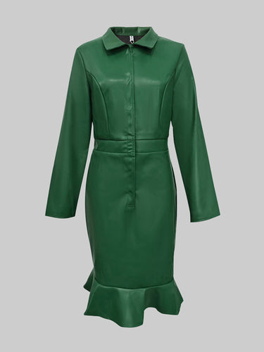 Bodycon Long Sleeves Buttoned Elasticity Ruffle Trim Solid Color Split-Joint Lapel Midi Dresses