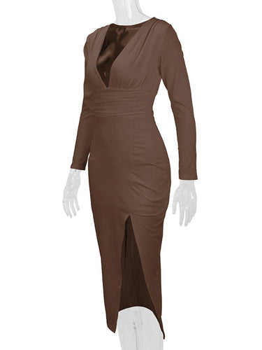 1726410 Bodycon Elasticated Waist Pleated Solid Color Split-Joint Split-Side Deep V-Neck Midi Dresses