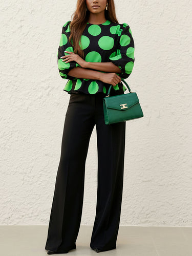 1733980 Loose Puff Sleeves Elasticity Pleated Polka-Dot Round-Neck Blouses&Shirts Tops