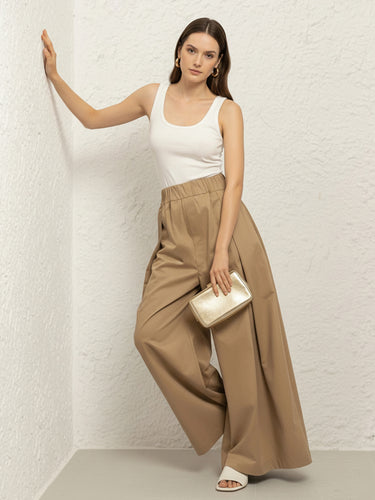 Elasticated Waist High Waisted Pleated Pockets Solid Color Pants