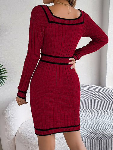 1713630 Bodycon Long Sleeves Buttoned Contrast Color Plaid Square-Neck Mini Dresses Sweater Dresses