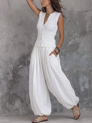 1786466 Loose Sleeveless Buttoned Ribbed Knit Solid Color V-Neck Vest Top
