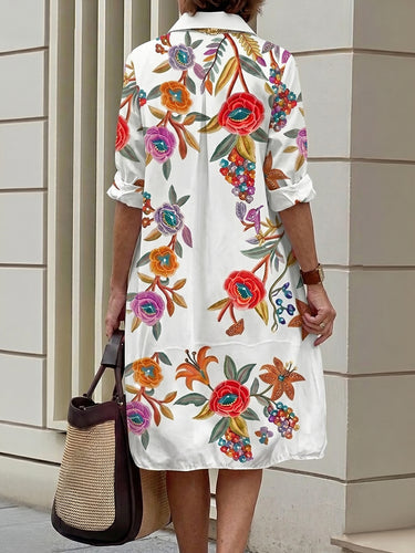 1779520 A-Line Half Sleeves Buttoned Contrast Color Flower Print Pockets Lapel Midi Dresses Shirt Dress