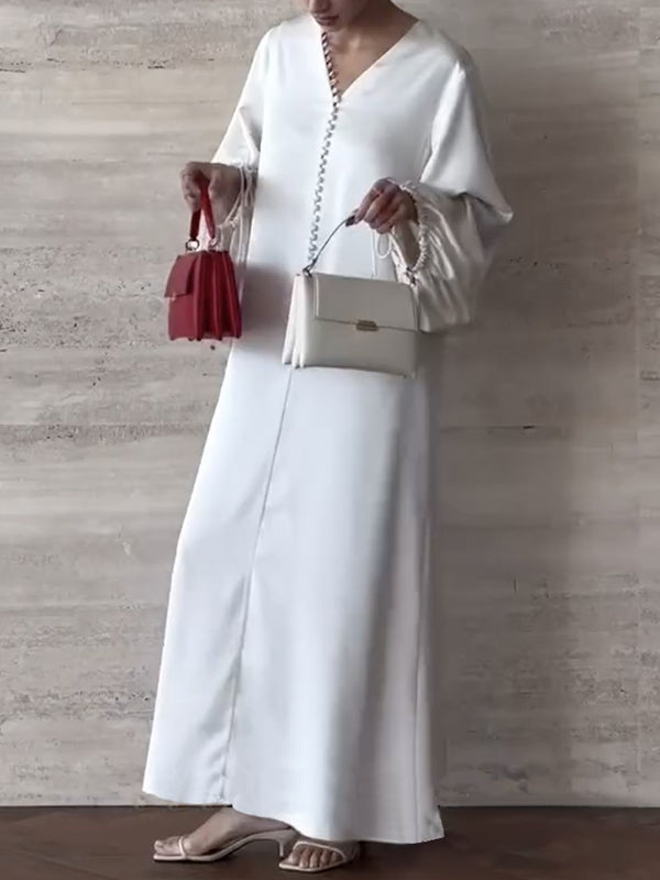 Loose Puff Sleeves Pleated Solid Color Split-Joint V-neck Midi Dresses main image 0