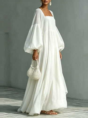 1788622 Zipper Split-Joint Solid Color Elasticity Backless Puff Sleeves Loose Square-neck Maxi Dresses