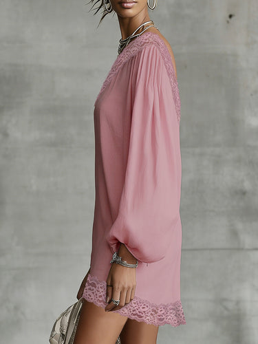 Long Sleeves Loose Solid Color Split-Joint One-shoulder Mini Dresses