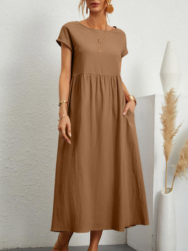 1768152 Corte en A Tallas grandes Plisado Bolsillos Color sólido Cuello redondo Midi Vestidos