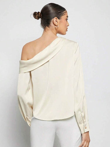 1728952 Long Sleeves Skinny Pleated Solid Color Split-Joint One-Shoulder Blouses&Shirts Tops