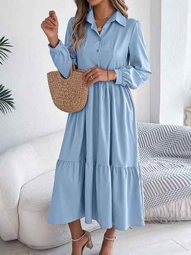 1713672 High Waisted Long Sleeves Pleated Ruffled Solid Color Lapel Midi Dresses Shirt Dress