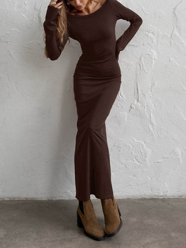 1739847 Vestidos largos ajustados con cuello redondo y talle alto sin espalda de color sólido