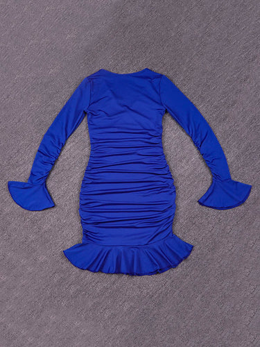 1726388 Bodycon Elasticated Waist Pleated Ruffled Solid Color Split-Joint V-Neck Midi Dresses