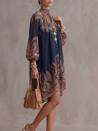 1784943 High-Low Long Sleeves Pleated Printed Mock Neck Mini Dresses