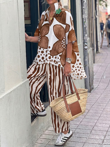 1781344 Half Sleeves Buttoned Flower Print Polka-Dot Lapel Blouses&Shirts Tops + High Waisted Pants Trousers Two Pieces Set