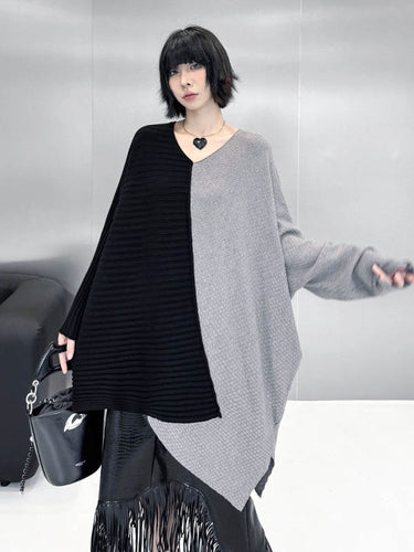 1720129 Batwing Sleeves Irregularity Asymmetric Contrast Color Split-Joint Textured V-Neck Sweater Tops