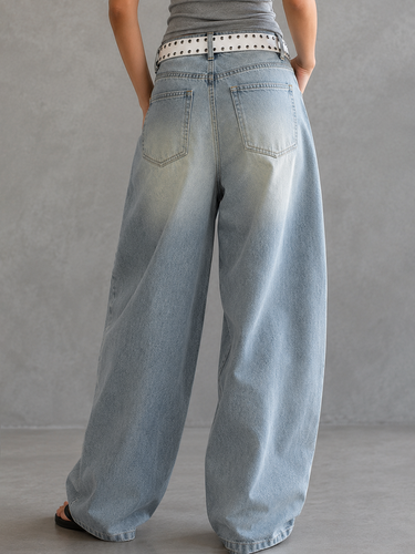 1778198 High Waisted Wide Leg Belt Buckle Hollow Pockets Solid Color Split-Joint Jean Pants Bottoms