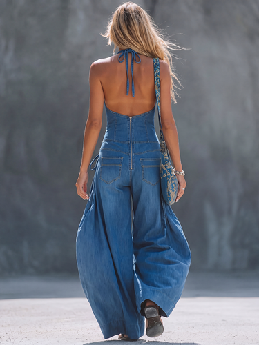 1779524 High Waisted Sleeveless Backless Drawstring Solid Color Zipper Deep V-Neck Jumpsuits