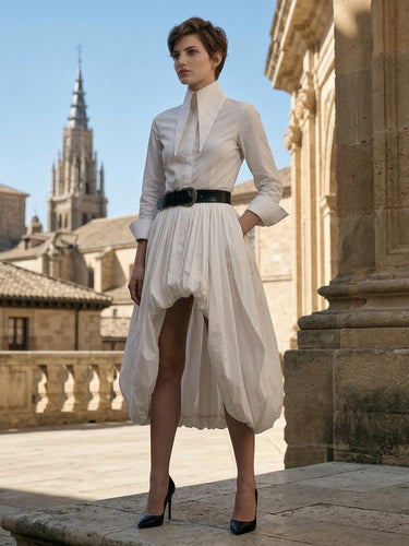 1760580 High Waisted High-Low Belt Buckle Pleated Pockets Solid Color Split-Joint Lapel Midi Dresses