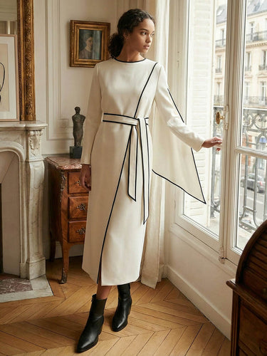 Long Sleeves Minimalist Belted Comfort Contrast Color Round-Neck Midi Dresses