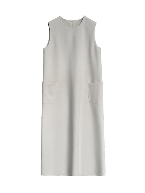 Layered Ruffled Solid Color Split-side Zipper Loose Sleeveless Round-neck Maxi Dresses main image 0