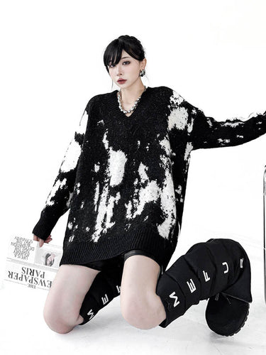 1720196 Long Sleeves Loose Abstract Printed Contrast Color Ribs Split-Joint V-Neck Sweater Tops