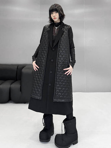 1720339 Loose Sleeveless Buttoned Plaid Pockets Solid Color Split-Joint Notched Collar Outerwear Padded Vest