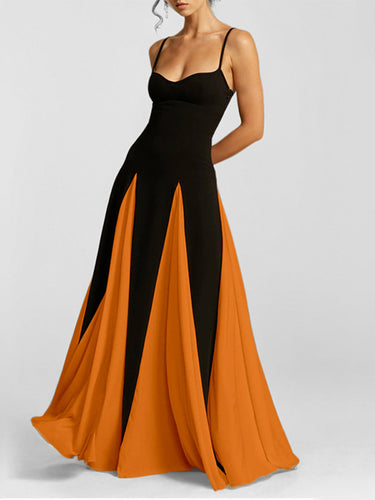1785366 A-Line High Waisted Contrast Color Split-Joint Spaghetti-Neck Maxi Dresses