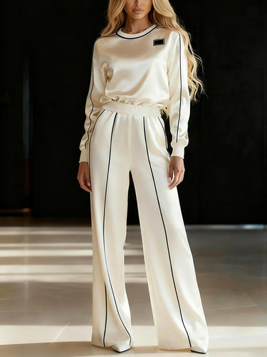 1739953 Elasticated Waist High Waisted Contrast Color Line Split-Joint Pants