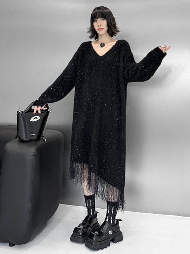 1720287 Irregularity Long Sleeves Contrast Color Sequined Shiny Split-Joint Tasseled V-Neck Midi Dresses Sweater Dresses