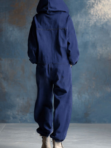 1759202 Long Sleeves Loose Buttoned Pockets Solid Color Hooded Jumpsuits
