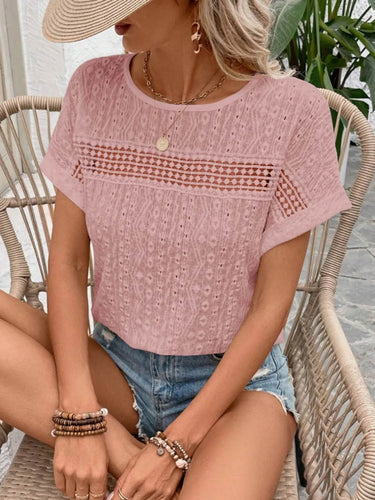1753186 Losse blouses met korte mouwen, opengewerkt patroon, effen kleur, gesplitste naden en textuur, ronde hals.&Shirts Tops