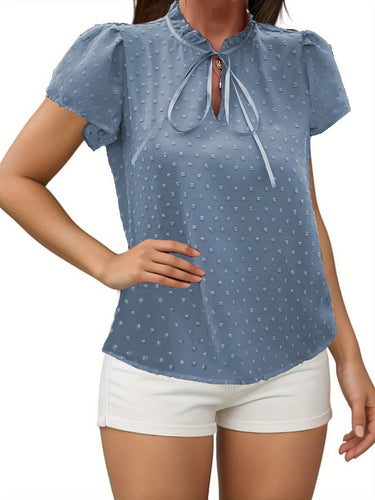 1783459 Puff Sleeves Short Sleeves Falbala Lace-Up Solid Color Blouses&Shirts Tops