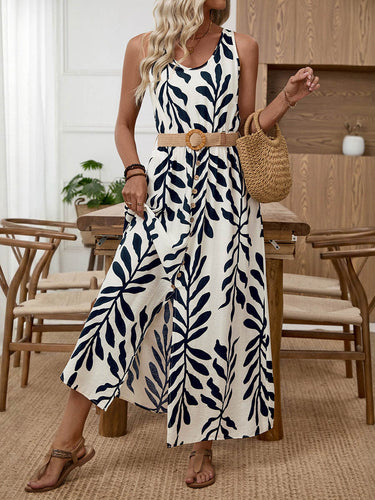 High Waisted Sleeveless Belt Buckle Buttoned Contrast Color Leaves Print V-Neck Maxi Dresses