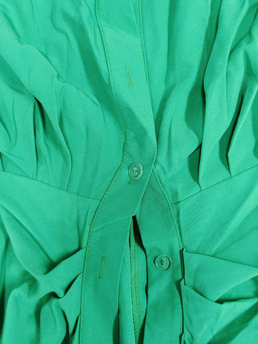 1746849 Maxikleid mit elastischem Bund, hoher Taille, Knöpfen, Falten, einfarbig, geteilter Taille, Bindegürtel und Reverskragen 