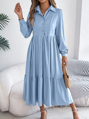 1713670 High Waisted Long Sleeves Pleated Ruffled Solid Color Lapel Midi Dresses Shirt Dress