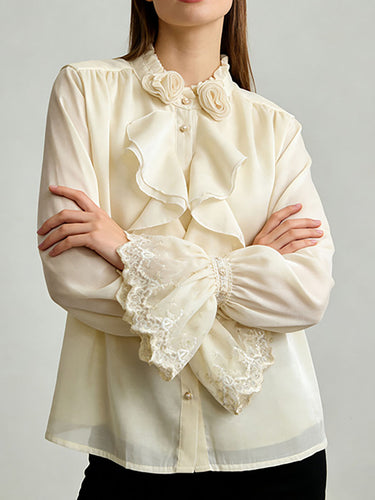 1753704 Long Sleeves Ruffle Sleeves Buttoned Pleated Ruffled Solid Color Split-Joint Stand Collar Blouses&Shirts Tops