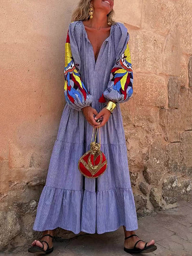 1782380 A-Line Long Sleeves Contrast Color Drawstring Pleated Printed Split-Joint V-Neck Maxi Dresses