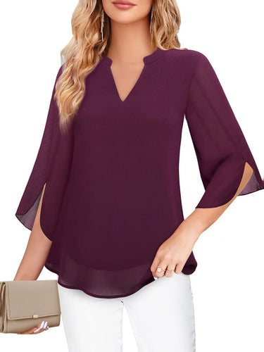 1764859 Half Sleeves Loose Solid Color V-Neck Blouses&Shirts Tops