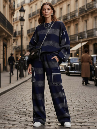 Loose Wide Leg Contrast Color Line Pockets Split-Joint Striped Pants